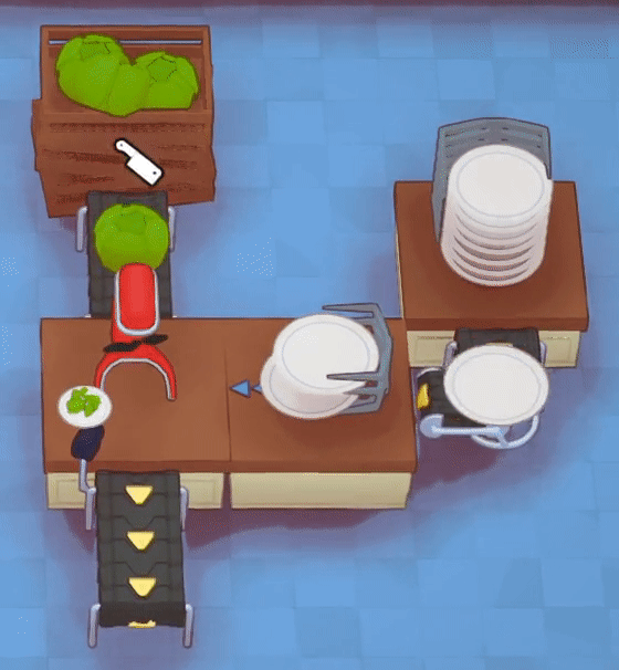 Two Combiners facing a Counter are used to add Tomato Paste and Chopped Cheese to a Pizza Base