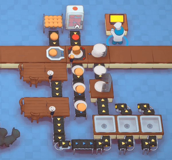 Customers take seats, and the player takes their order. They grab Burgers from an adjacent Conveyor