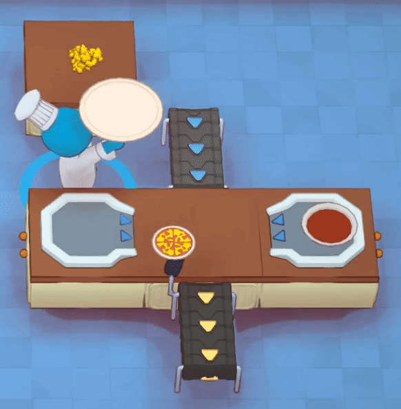 Two Combiners facing a Counter are used to add Tomato Paste and Chopped Cheese to a Pizza Base