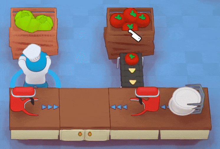 Conveyor Mixer chops Tomato once, which is plated by an Auto Plater and pushed onto a Counter. Another Conveyor Mixer also facing the Counter chops Lettuce, which cannot be pushed into the same space as the plated Tomato