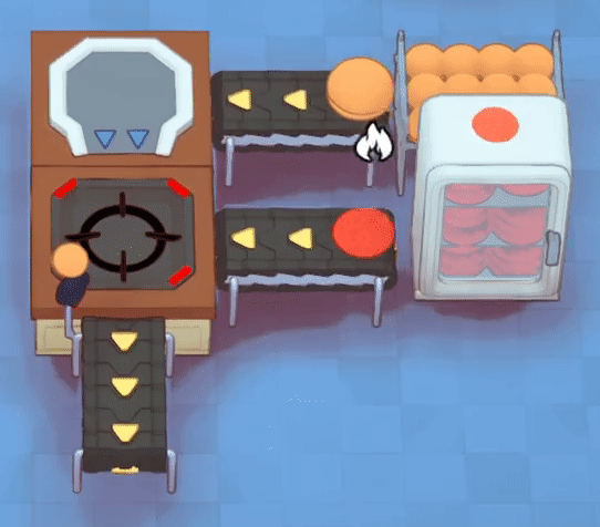 Raw Patty is cooked on a Danger Hob, combined with a Burger Bun, and idles without burning