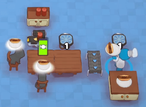 Customers grab food from a Conveyor and Teleporter next to the table, and use the adjacent Ketchup