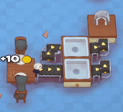 Two Combiners facing a Counter are used to add Tomato Paste and Chopped Cheese to a Pizza Base